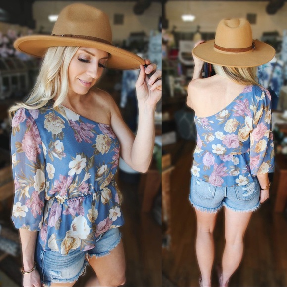 Free To Go One Shoulder Blouse-Blue - Picture 3 of 6